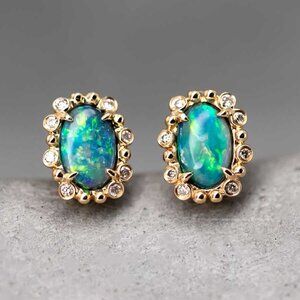 Australian Black Opal & Halo Diamond Stud Earrings 18k Yellow Gold